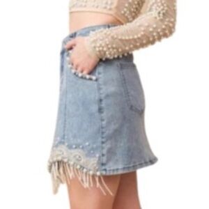 blu b 🆕 Cotton Blue Stretch Denim Embellished Pearl Fringe Skirt NWT Sz Sm/Med